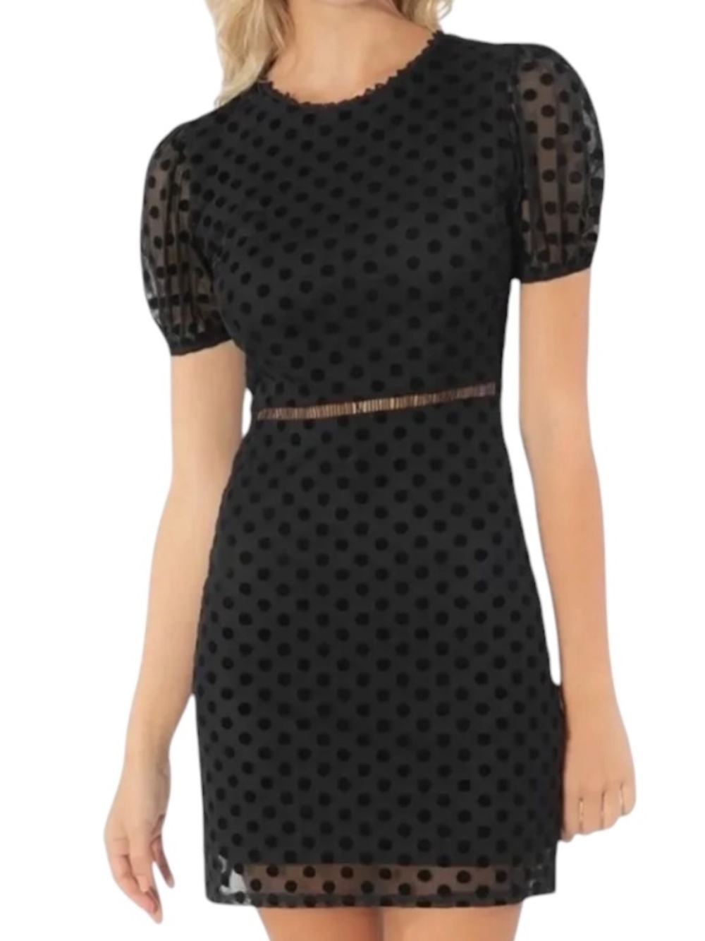 Speechless Black Polka Dot Puff Sleeve Bodycon Dress XS Ladder Stitch